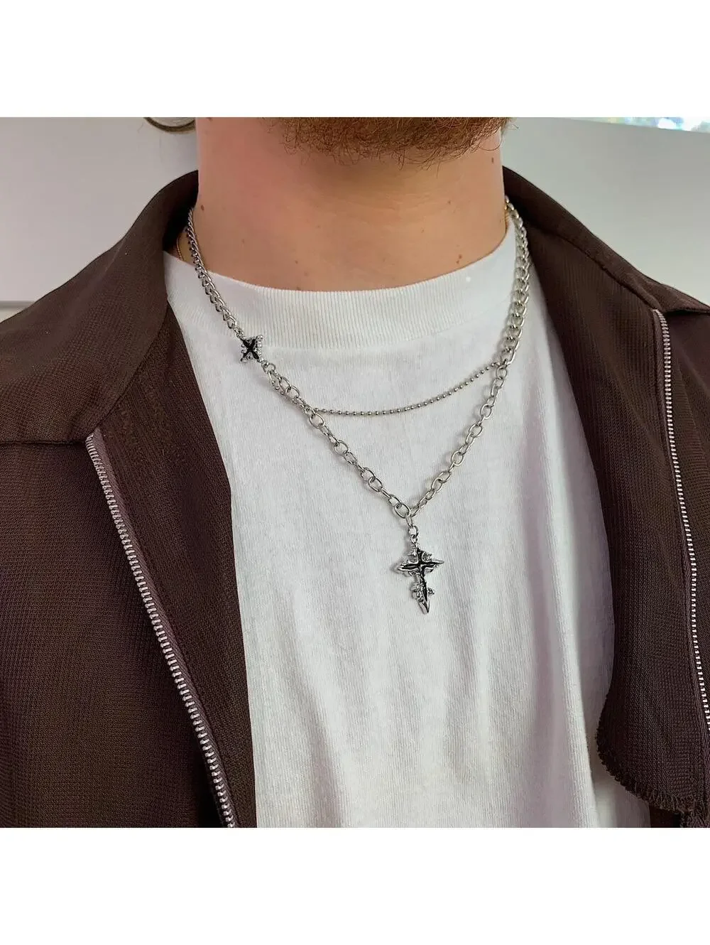 Cyber Y2k 2000s Vintage Style punk grunge crystal cross pendant necklace chain.
